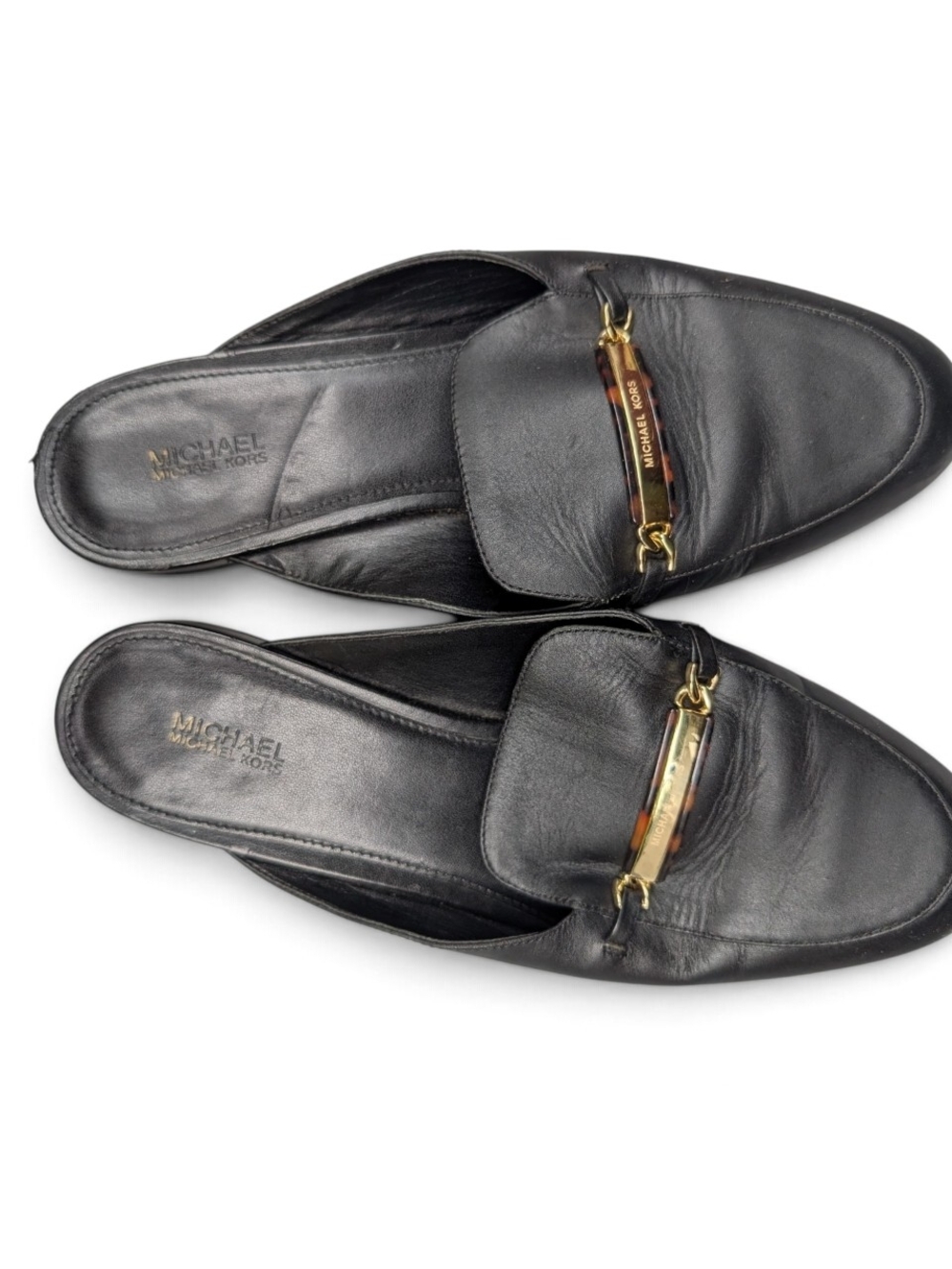 Michael Kors Black Leather Slip-On Mules with Gold Accent